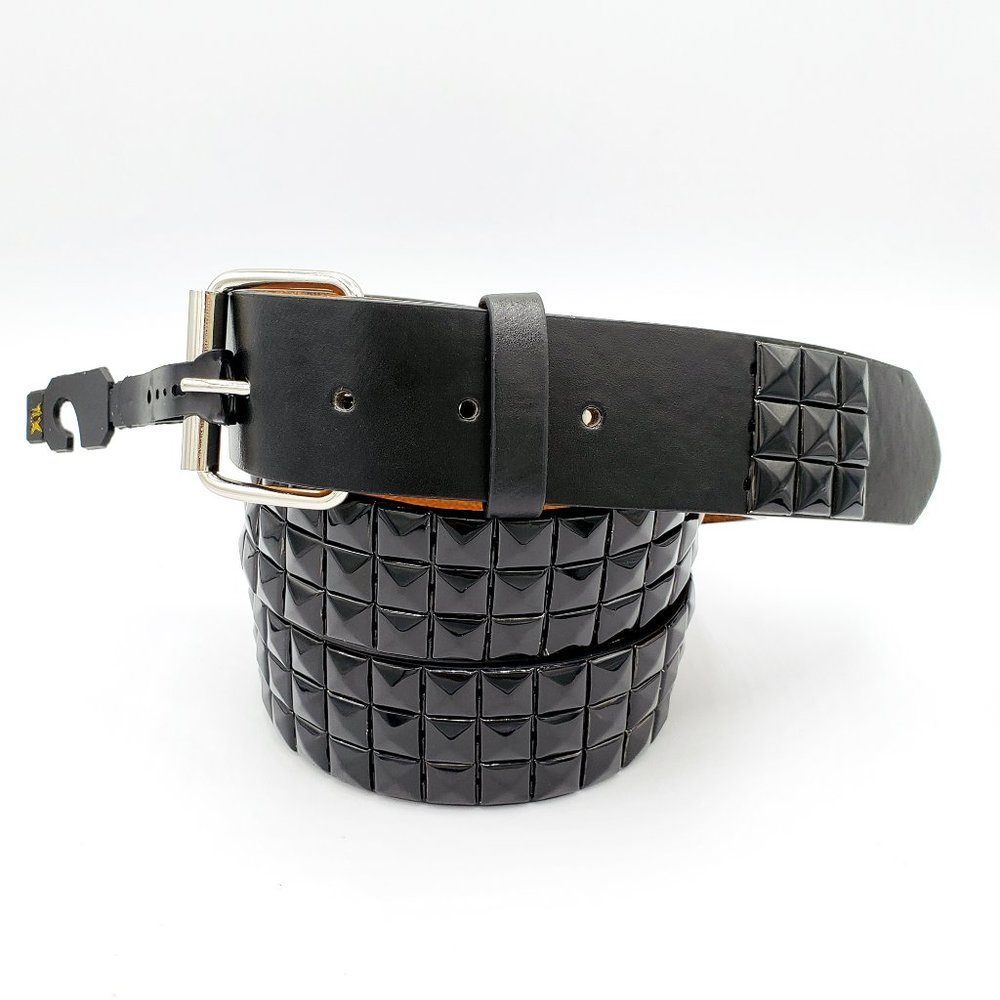 New All Black Studded Leather Belt Unisex 3-Rows Metal Pyramid Size Extra Large
